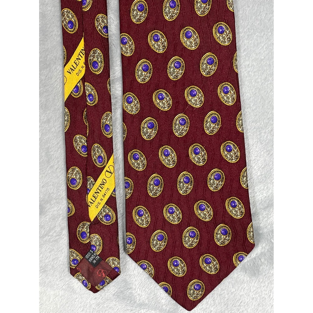 Valentino Cravatte Silk Tie Burgundy Gold Purple Medallion‎ Geometric Made Italy